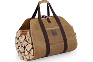 WILLOW WEAVE Firewood Carrier Bag 40" L x 19" W, Wood Carrier for Firewood with Padded Handle, Front Pocket & Foldable Design - Dark Khaki