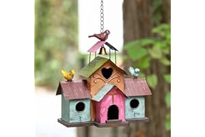 MOCOME Large Bird Houses for Outside Hanging, 4 Hole Outdoor Bird House with Bell, Easy Clear, Colorful Metal Bird Houses for Outside.