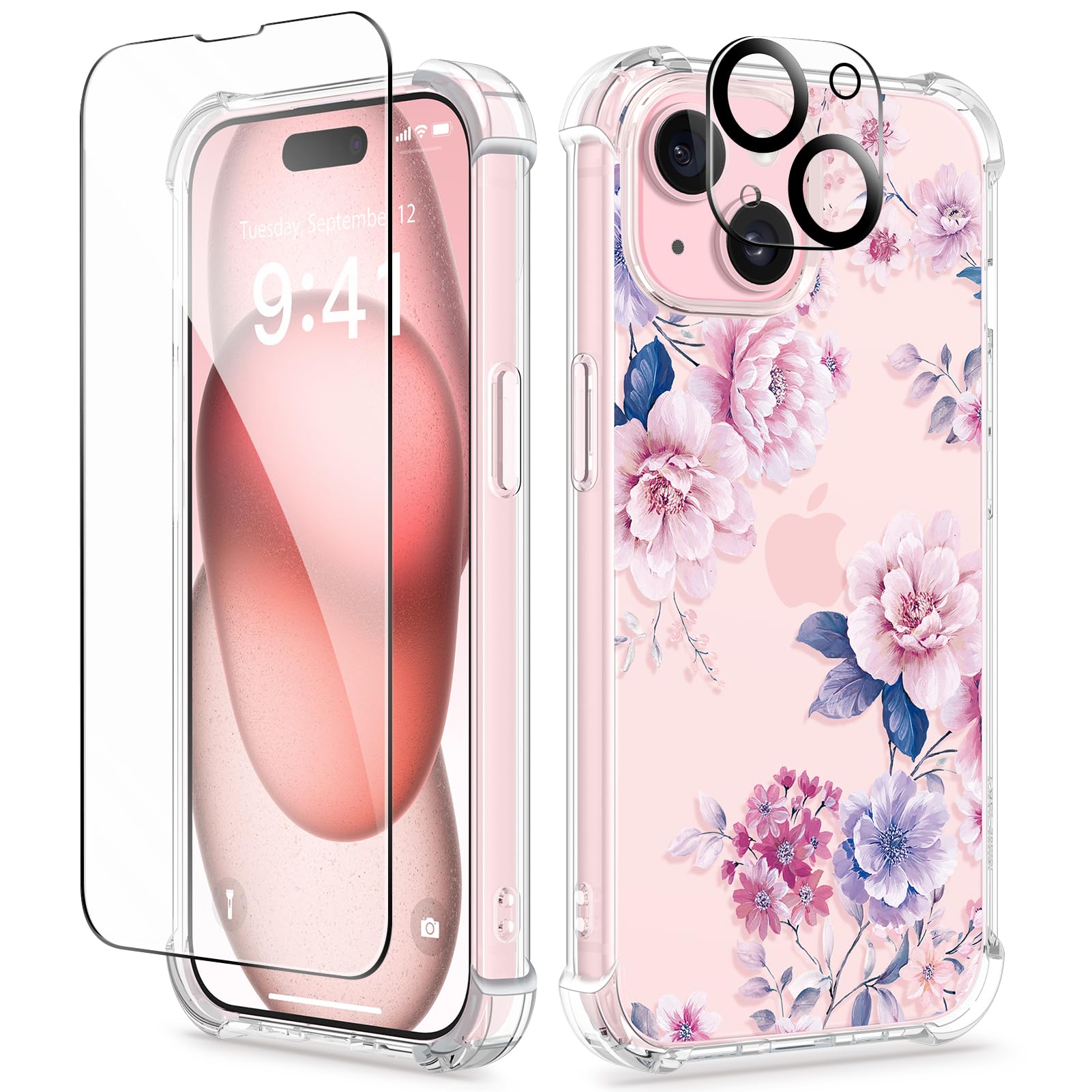 GVIEWIN Compatible with iPhone 15 Case 6.1" 2023, with Screen Protectors+Camera Lens Protectors, Non-yellow Flower Clear TPU Slim Bumper Shockproof Anti-Scratch Protective Cover,Peony Flower/Pink โ image 1