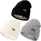 3 Pack Satin Lined Beanie Hats for Women Men Winter Silk Lined Soft Warm Knit Cuffed Beanies Cotton Crochet Slouchy Skull Cap