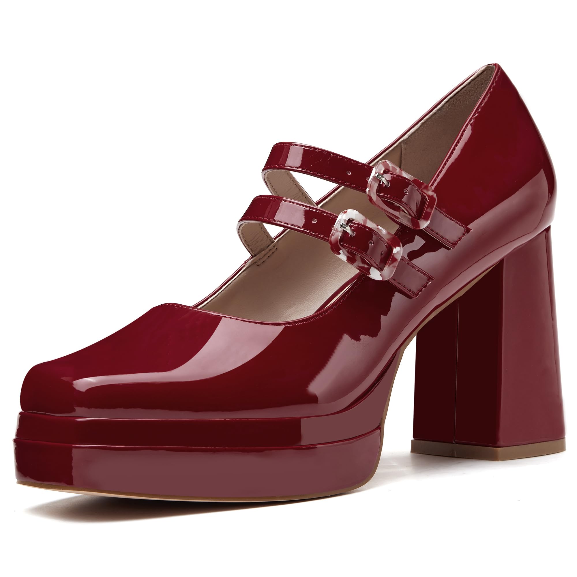Photo 1 of Coutgo Women's Platform Mary Jane Pumps Two Strap Square Toe Chunky Block Heel Sandals Party Shoes, Deep Red, Size 10