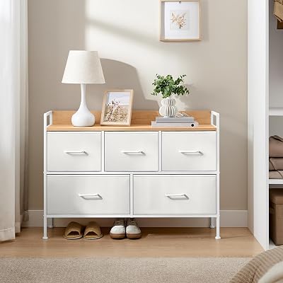 SONGMICS Chest of Drawers 5 Fabric Drawers Steel Frame Cloud White Oak Beige