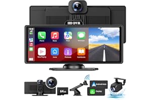 HAUXIY Wireless Apple Carplay Screen for Car with 4K Dash Cam, 10.26" Portable Apple Carplay & Android Auto, Car Stereo with 1080p Backup Camera, Voice Control/Mirror Link/GPS Navigation/BT, Black