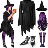 Toulite 5 Pcs Halloween Witch Costume for Women Witch Costume Adult | Wig Outfit Striped Tights Cap Shoes Women Witch Costume for Adult Halloween Cosplay Party Supplies