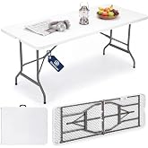 GlowitLian Folding Table 6ft, Heavy-Duty 500lbs Weight Capacity Foldable Table with HDPE Top &amp; Steel Legs, Portable 6 Foot Picnic Table for Indoor Outdoor Parties, Camping, Event (White, 6 FT)