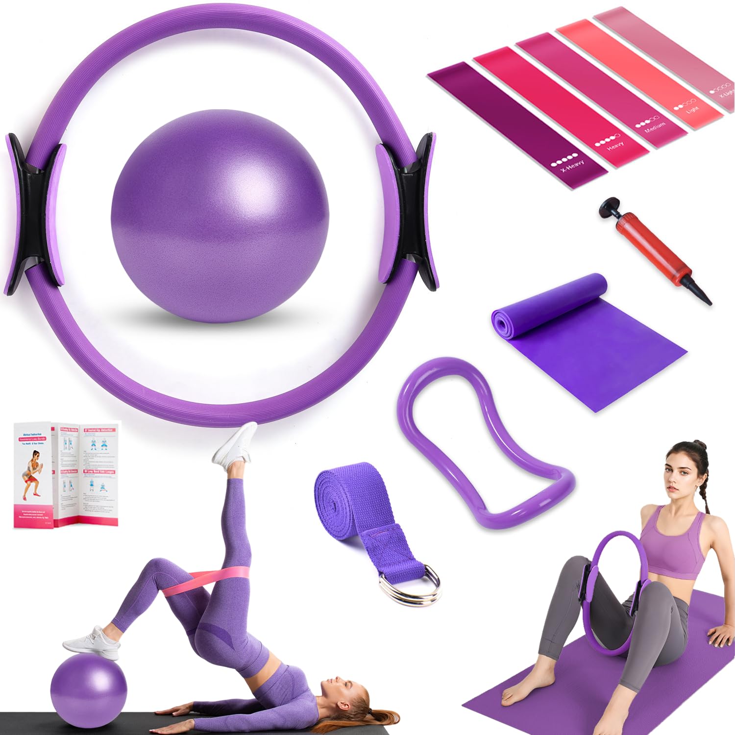 Pilates Ring Set, Home Pilates Kit für Frauen mit 15’’/38cm Magic Ring mit Doppelt gepolsterte Griffe, 25cm Yoga Ball, 5 Widerstandsbänder & Fitness-Guide, Pilates Essential Kit für Zuhause