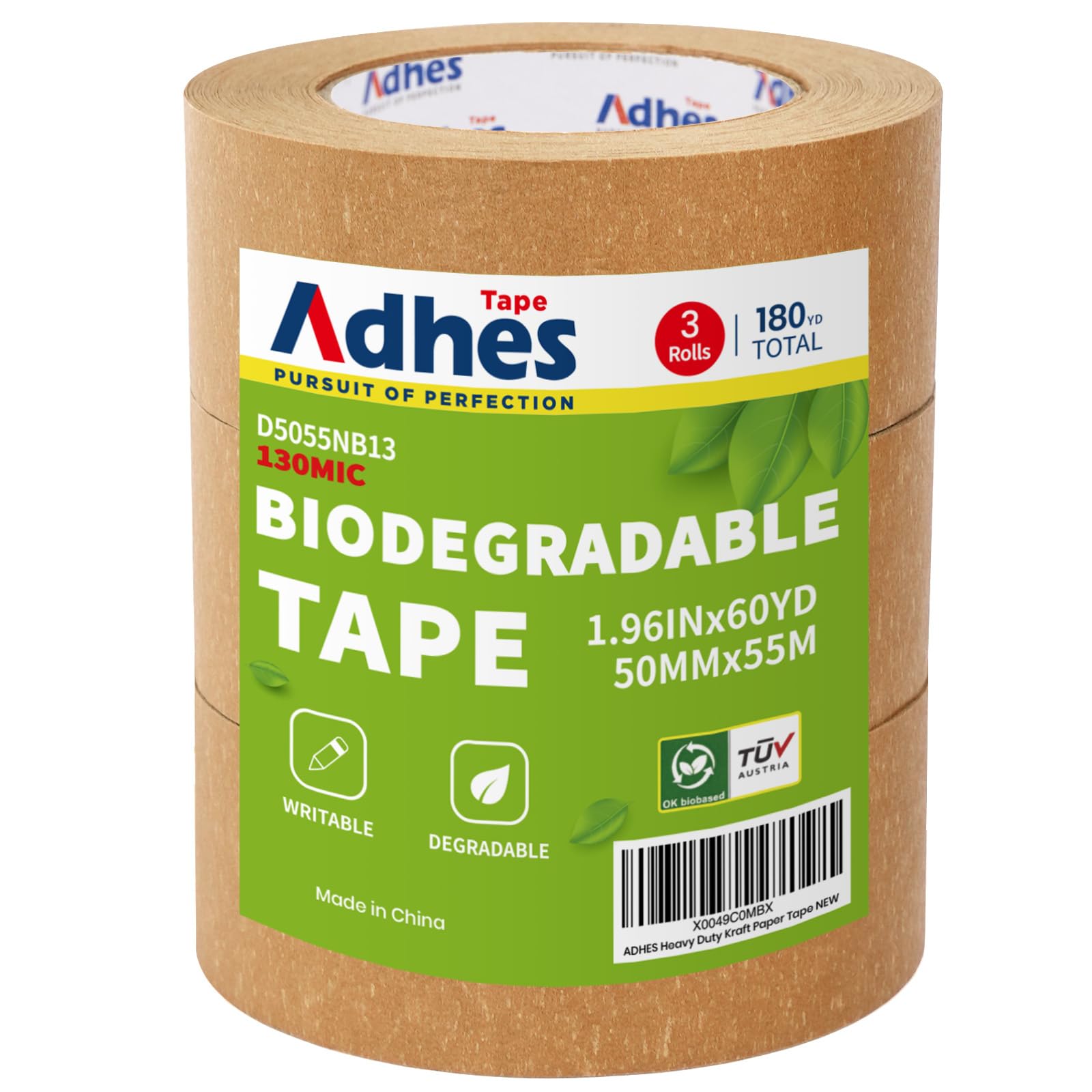ADHES Kraft Paper Tape, 2 Inch x 60 Yards x 3 Rolls, Biodegradable Paper Packing Tape Writable & Uncoated Brown Shipping Tape for Shipping, Moving, Sealing…