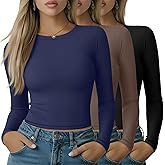 Sweetyweee 3 Pack Women's Long Sleeve Shirts Cotton Blend Crew Neck Tops Slim Fit Basic Tee Stretchy Casual Tight Tshirt 2025(Black, Coffee, Gray Blue,Small)