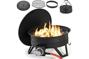 58000 BTU Propane Fire Pit, 44 cm Small Outdoor Fireplace with Foldable Legs, Portable Round Pit Lid, Cooking Grill, Carry Ba
