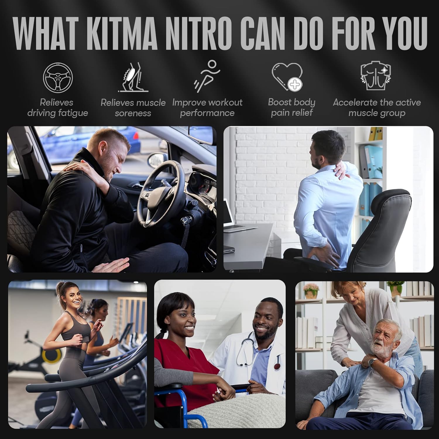 Close-up of the KITMA Nitro Percussion Massage Gun's LCD touch screen display, showing power level and speed settings.