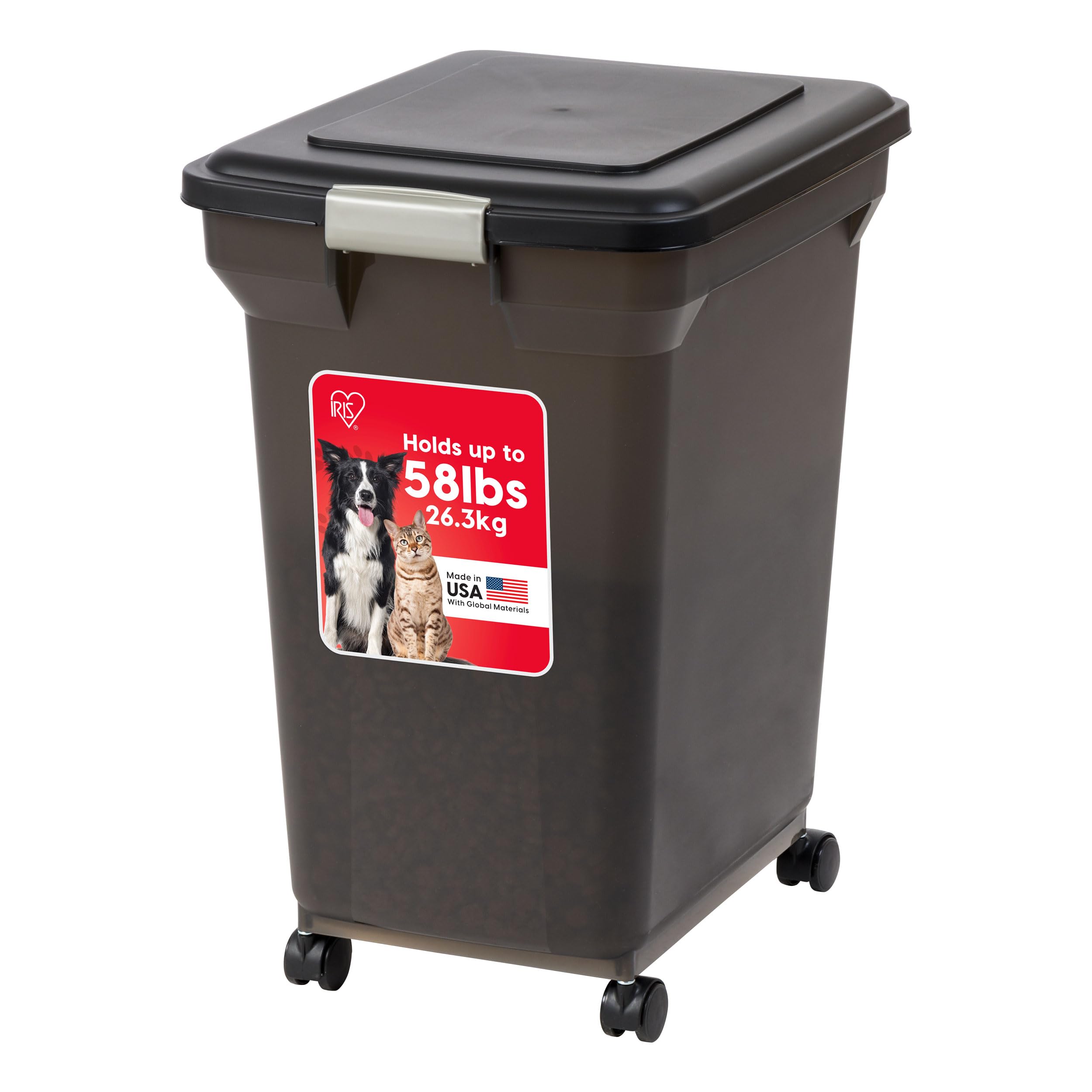 Photo 1 of ***DAMAGE -ONE WHEEL BROKEN -SELLING AS IS *** IRIS USA Dog Food Storage Container 58 lbs, Attachable Wheels, for Dog Cat Birds and other Pets, Food Storage Bin, Keep Fresh, Easy Mobility, BPA Free - Made in the USA, Black ***SOME SCUFFS/SCRATCHES, NOT I