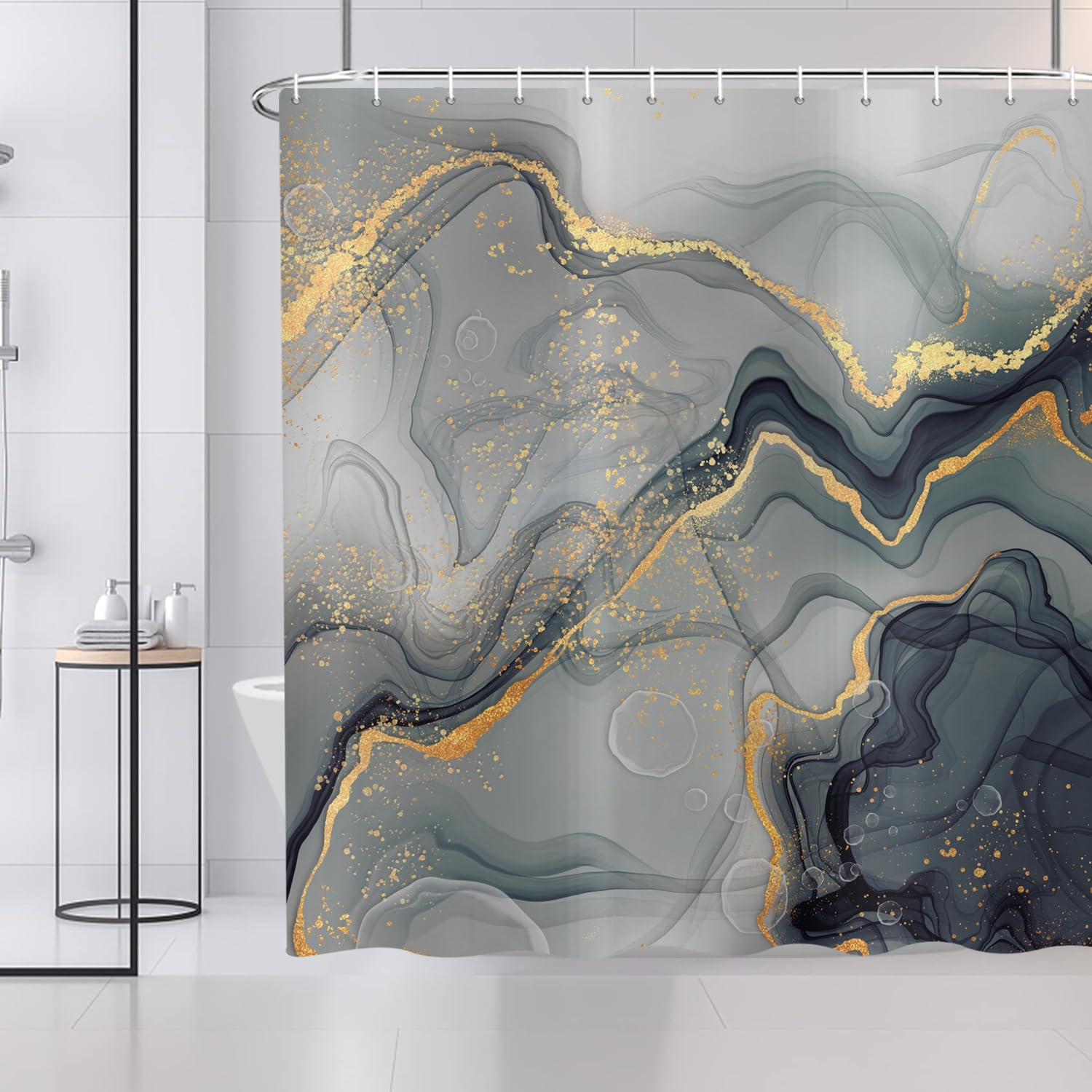 ASDCXZ Shower Curtain Marble 180x180 cm, Modern Abstract Grey Gold Cyan Marble Optic Texture Washable Bath Shower Curtains Polyester Textile Waterproof Shower Curtain for Bathtub with 12 Hooks — image 1