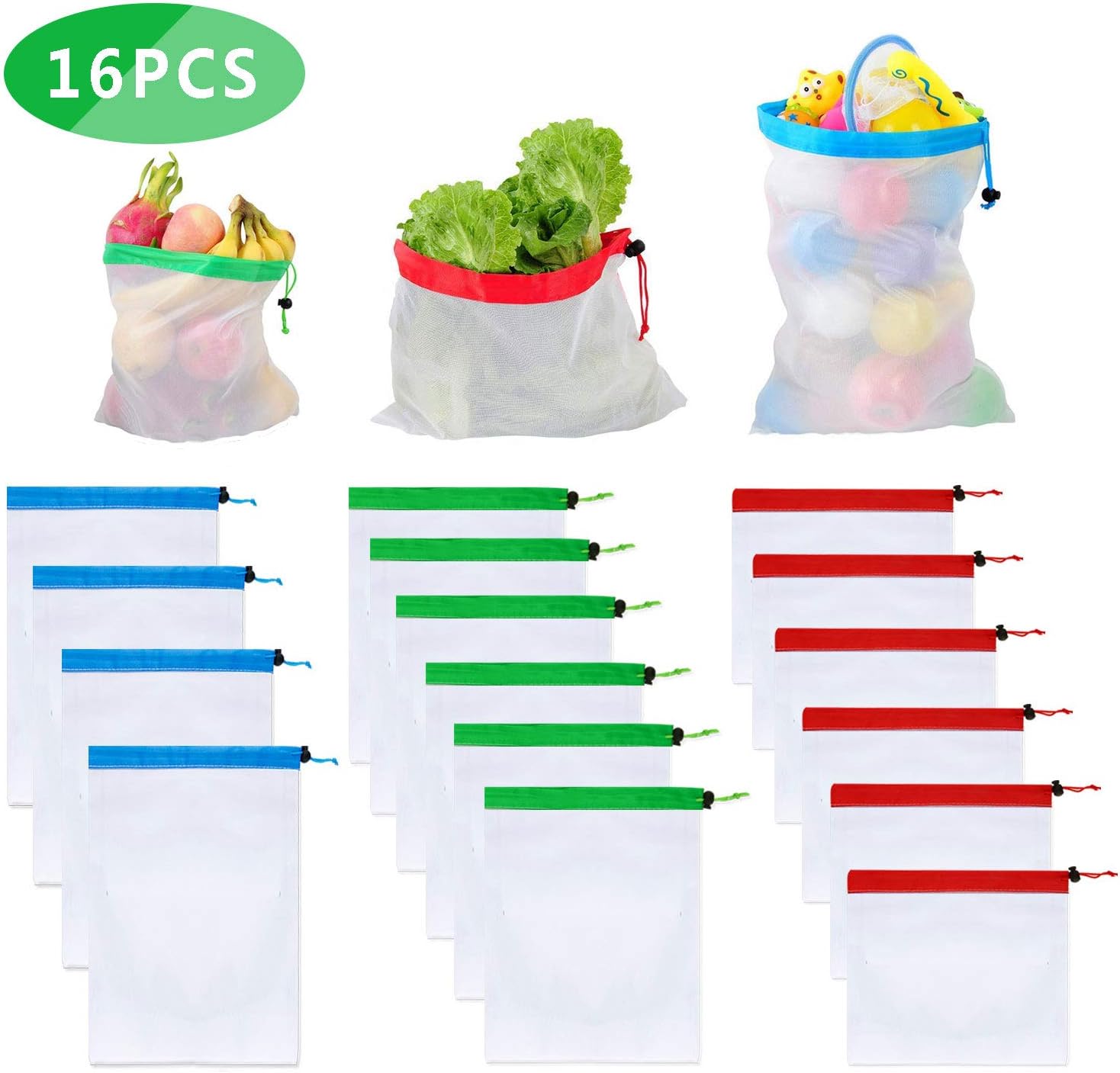 16 pcs Reusable Produce Bags Premium Eco-Friendly Net Bags Washable Eco Friendly Grocery Washable Breathable Transparent Mesh Produce Bags for Shopping/Storage/Collection