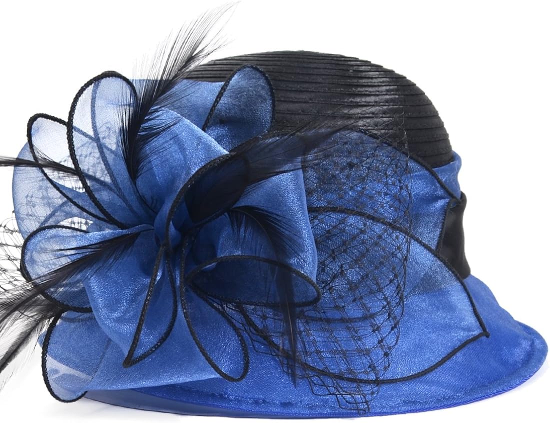 VECRY Lady Derby Dress Church Cloche Hat Bow Bucket Wedding Bowler Hats (Two-Tone-Blue) at  Women’s Clothing store