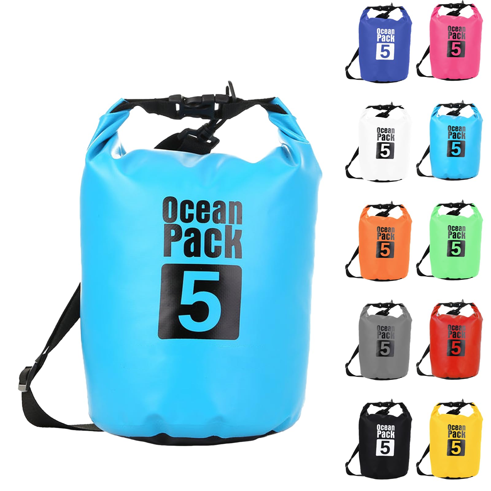 Dry Bag 5L, Boat Dry Bags Sky Blue Waterproof Bag Dry Sack Roll Top Long Adjustable Shoulder Strap 2L/5L/10L/20L/30L/40L for Drifting Boating Kayaking Fishing Rafting Swimming Camping Canoeing Surfing