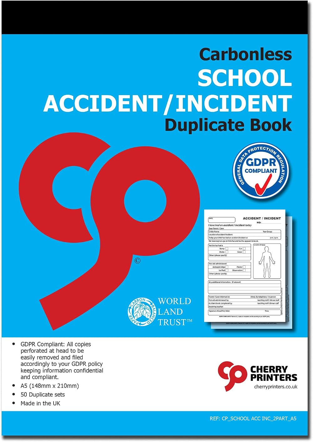 Cherry Printers Carbonless NCR School Accident Book A5 50 Sets 2 Pack