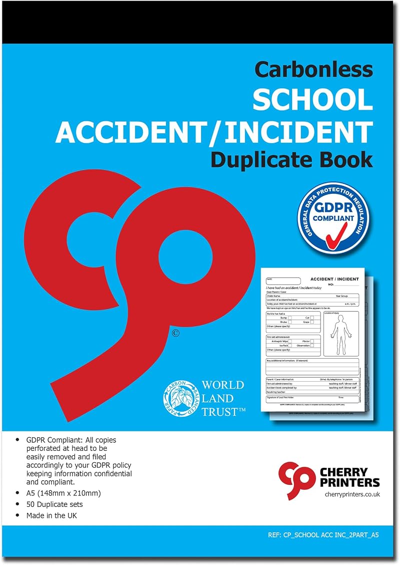 Cherry Printers Carbonless NCR School Accident Book A5 50 Sets 2 Pack