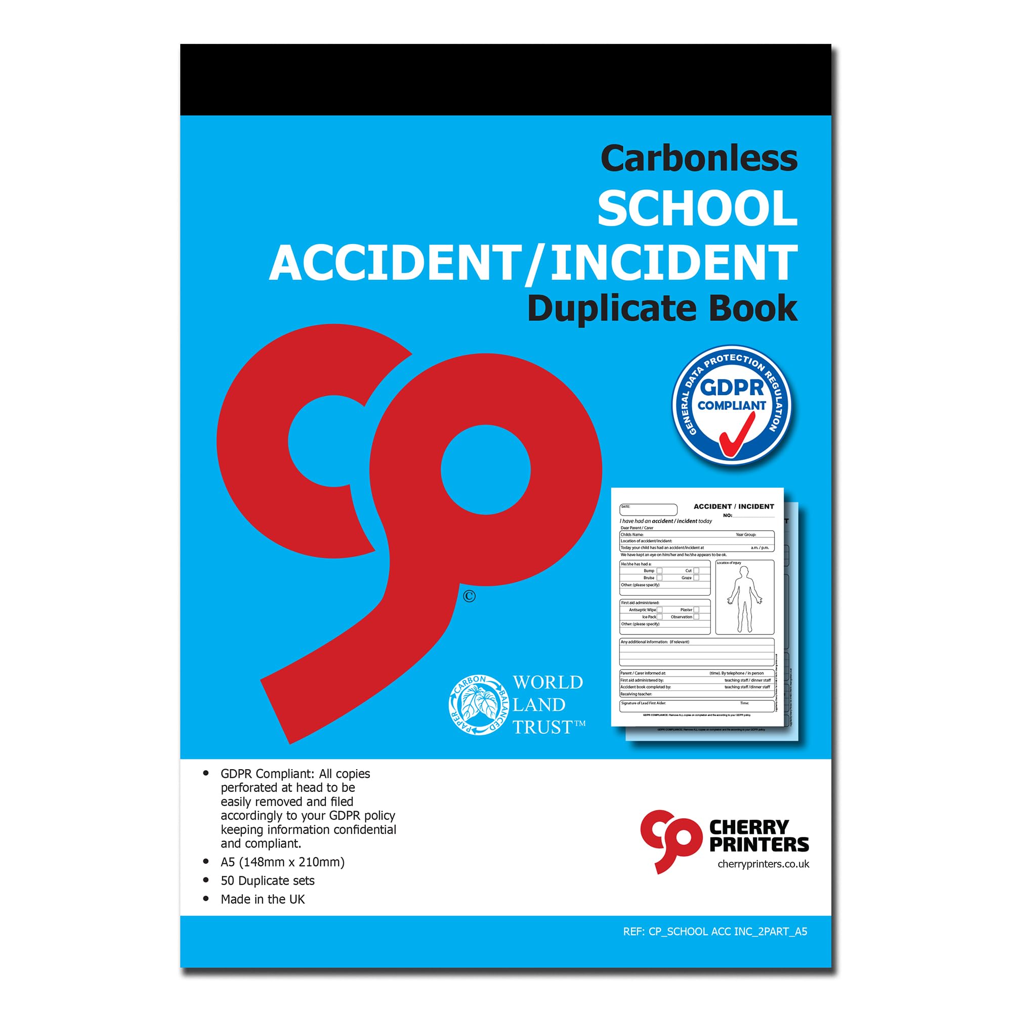 Cherry Printers | Carbonless School Accident Incident Duplicate Book | A5 Accident & Incident Reporting Forms for Schools Nurseries & Academies | GDPR Compliant | 50 Duplicate Sets | Made in the UK