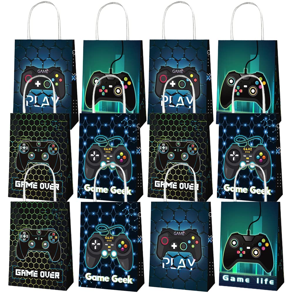 12 PCS Game Party Bags, Video Games Party Favor Bags, Gaming Theme Kraft Paper Candy Bag, Goodie Bags for Boys Kids Video Game Gamepad Gifts Favor Supplies Decorations Tote Bag