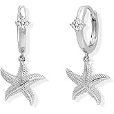 Frigotine Silver Small Hoop Starfish Dangle Drop Earrings for Women, Dainty Sparkly Summer Beach Vacation Accessories Fashion Jewelry Gift