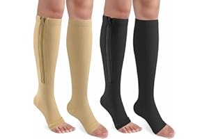 CASMON 2 Pairs Zipper Compression Socks for Women & Men, 15-20 mmHg Open Toe Knee High Support Socks for Varicose Vein Edema