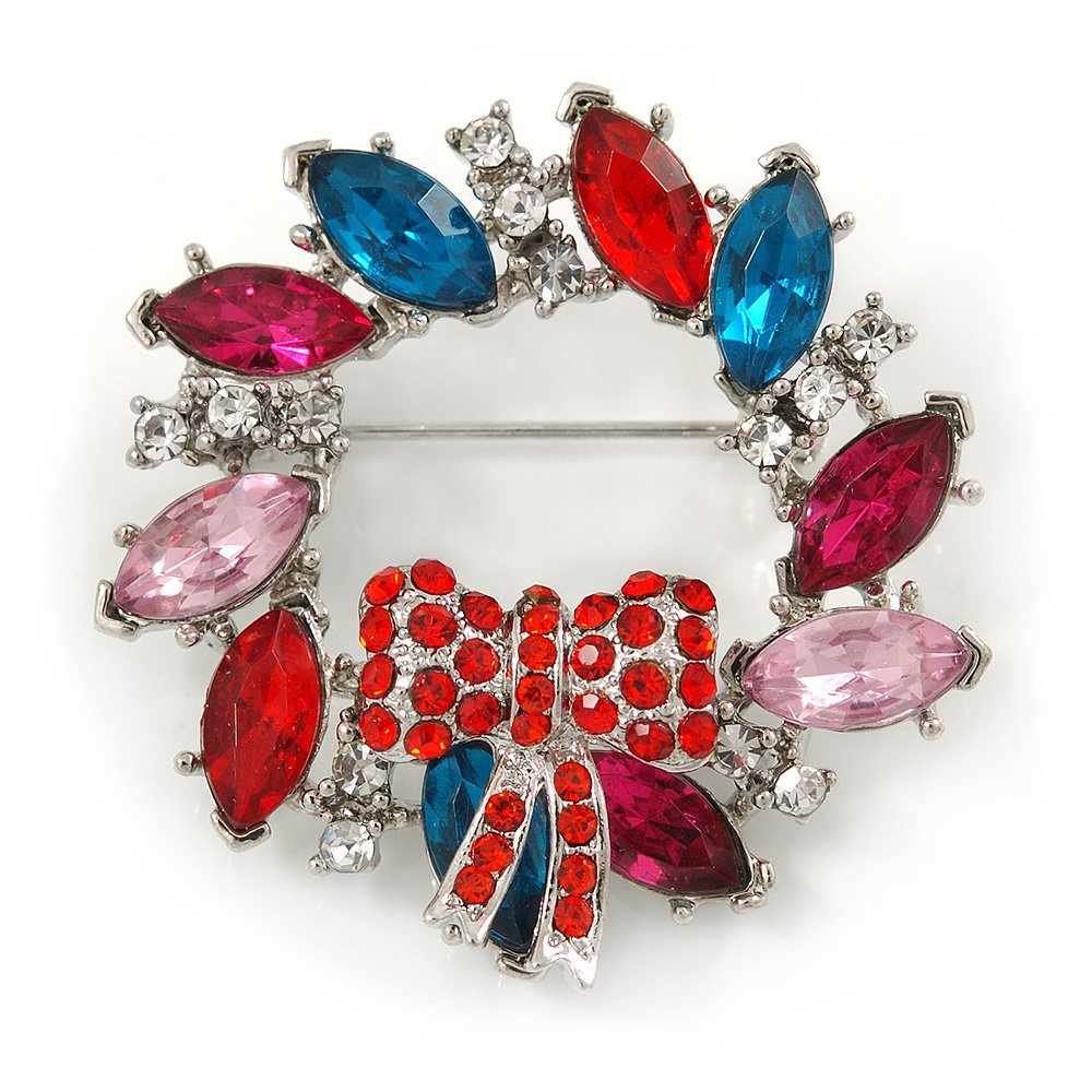 Red/Pink/Teal Crystal Christmas Holly Wreath Brooch In Silver Tone - 40mm
