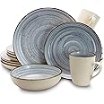 Elama Round Stoneware Luxurious Mellow Dinnerware Dish Set, 16 Piece, Speckle Powder Blue and White