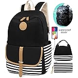 SCIONE School Backpacks for Women Teen Girls with USB Charging Port and Backpack Rain Cover Lightweight Canvas Stripe Backpac