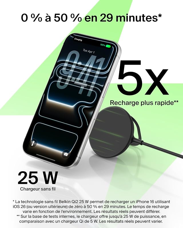 UltraCharge Chargeur Magnétique Qi2 25 W, Chargeur sans Fil Rapide, MagSafe avec Technologie De Refroidissement Passive, Support pour L'iPhone 17 (Tous Modèles), Pixelsnap, AirPods Pro - Noir