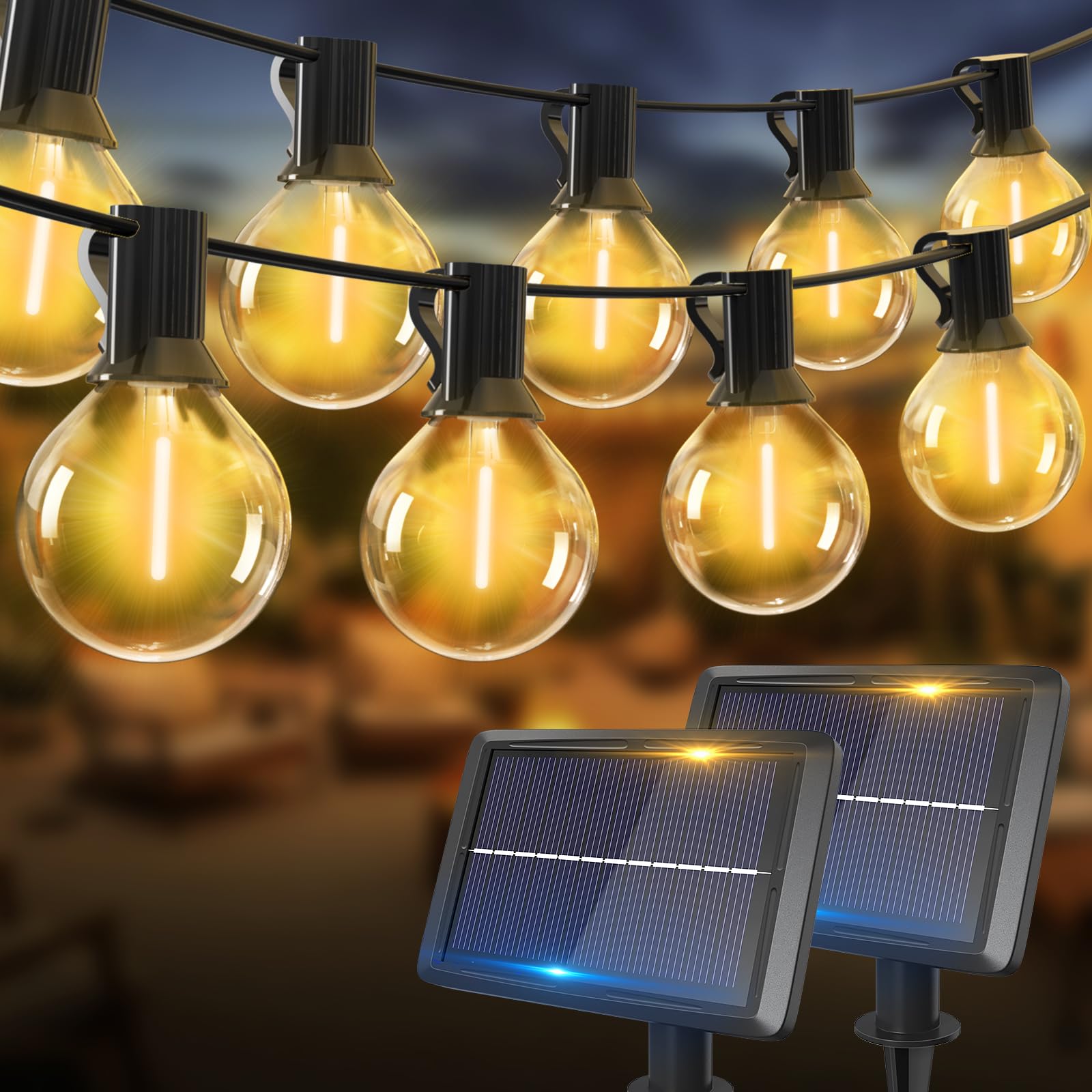 Solar Garden Lights Outdoor, 2 Packs 13M/42Ft G40 Solar String Lights Outdoor Waterproof with 15+1 Shatterproof LED Bulbs for Garden, Gazebo, Patio, Party, Festival Decoration