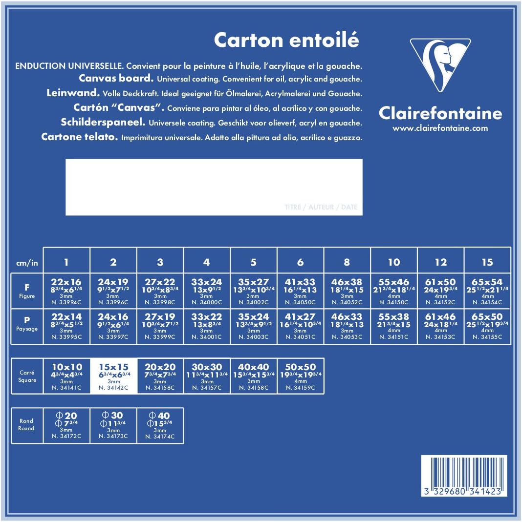 Clairefontaine, Ref 34142C, White Canvas Board (Square), 15 x 15cm, 3mm Thick, Made from 100% Cotton