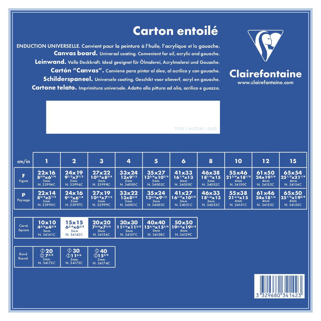 Clairefontaine - Ref 34142C - White Canvas Board (Square) - 15 x 15cm - 3mm Thick, Made from 100% Cotton, Suitable for Oil & Acrylic Paints, Acid Free Surface