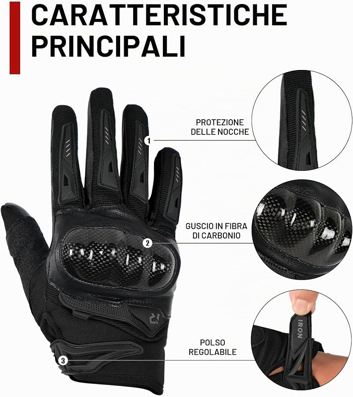 Guanti Moto Uomo Estivi Guscio Rigido in Fibra Carbonio Traspiranti Touch Screen Morbidi per Motociclismo Alpinismo Escursionismo Nero L
