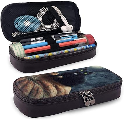 Amazon かぼちゃの黒猫ペンケース 革 手作り レザー筆箱 大容量 ファスナータイプ ジッパー シンプル おしゃれ かわいい 筆箱 ペンケース 文房具 オフィス用品