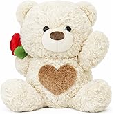 Teddy Bear Plush Toy, Rose and Heart Bear, Romantic Plush Toy, Perfect for Boys and Girls' Birthday (Beige)