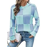 EVALESS Sweaters for Women Crewneck Long Sleeve Color Block Casual Knit Tops 2025 Fall Fashion Checkered Pullover Sweater