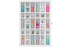 ILOT Shot Glass Display Cabinet Solid Wood - Large Display Case for Collectibles | Man Cave Accessories | UV Protection Acrylic Door | Wall Mounted Black Shadow Box | 36 Divided Slots (26 x 18 White)