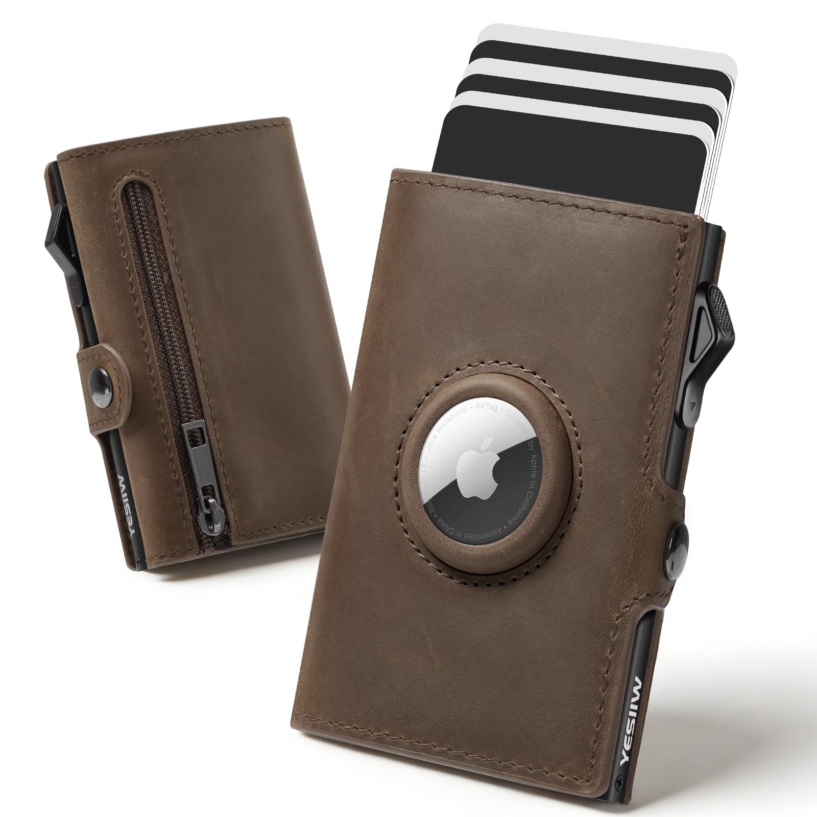 YESIIW Portmonee Herren Echt Leder mit AirTag Fach, Geldbeutel AirTag mit Pop-Up Kartenetui für 10 Karten & 2 Ausweis, RFID Geldbörse mit Münzfach, für Alltag, Reise & Büro, Smart Wallet Braun
