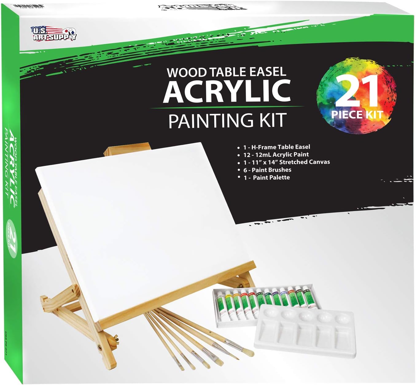 US Art Supply 21-Piece Acrylic Painting Table Easel Set with, 12-Tubes Acrylic Painting Colors, 11"x14" Stretched Canvas, 6 Artist Brushes, Plastic Palette with 10 Wells