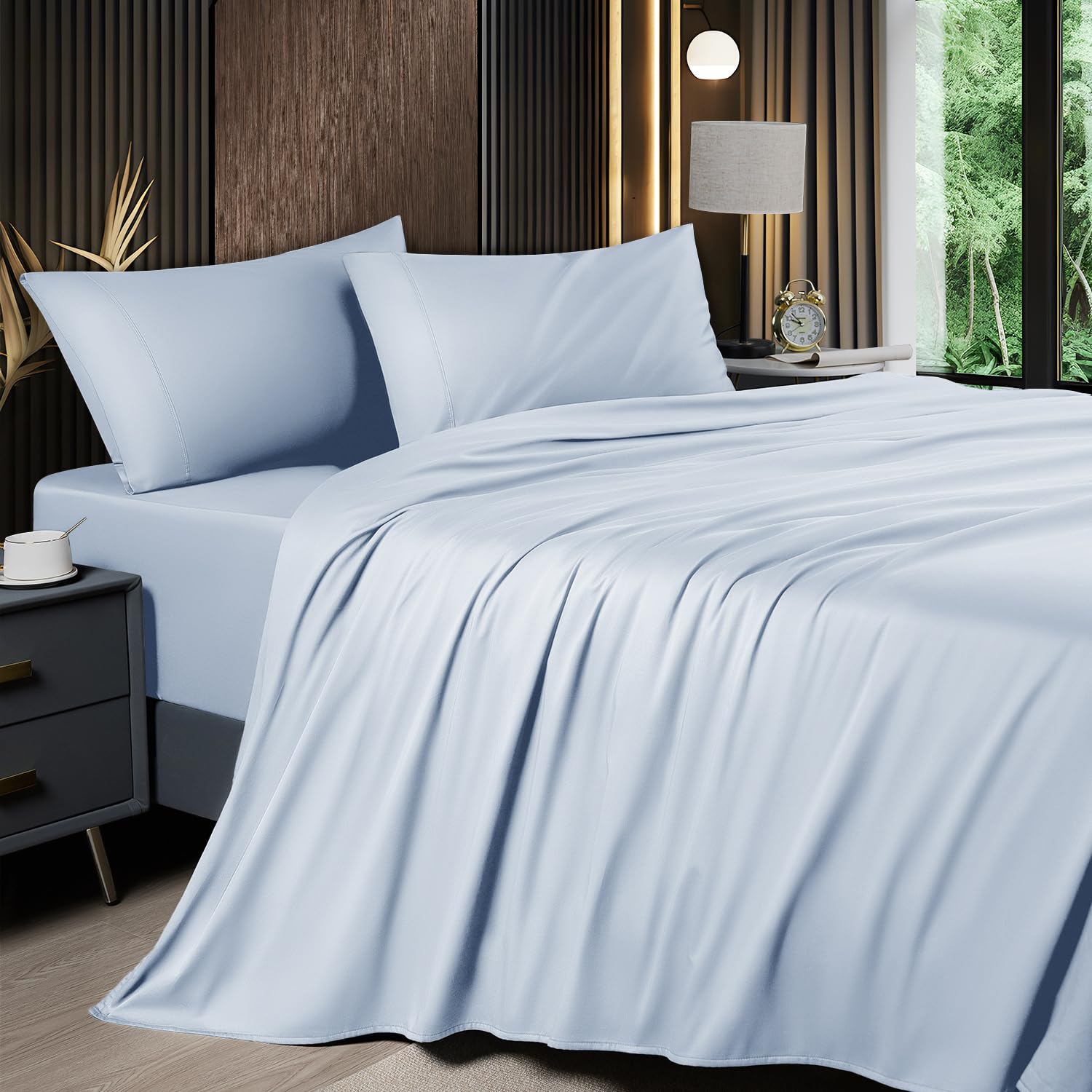 Photo 1 of Shilucheng 4 Piece Queen Sheet Sets, Cooling Sheets, Blend Rayon Derived from Bamboo, Deep Pocket Up to 16", Breathable & Soft Bed Sheets, Hotel Silky Bedding Set, Sky Blue