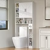 Winkalon Over The Toilet Storage Cabinet with 2 Barn Doors and Adjustable Shelves, Freestanding Toilet Shelf Organizer with Toilet Paper Holder, Space Saver for Bathroom, Restroom, Laundry