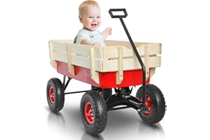 VISRACK All Terrain Wagons for Kids Wagon with Removable Wooden Side Panels Garden Cart Heavy Duty with Steel Wagon Bed Folding Wagons for Pets Ideal Gift for Kids Halloween Christmas,Red