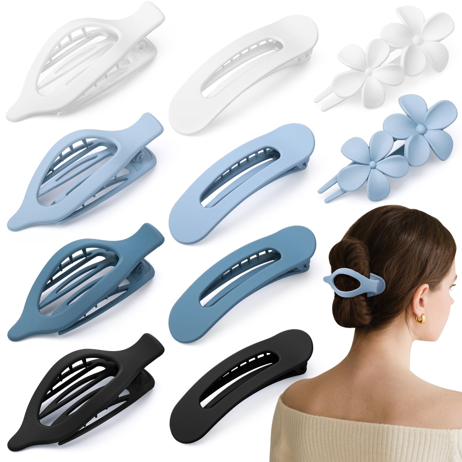 Photo 1 of 10 Pcs French Flat Hair Clips for Women, 3 Styles Blue Flat Claw Clips Strong Hold No Slip Matte Hair Claw Clips for Thin Thick Hair