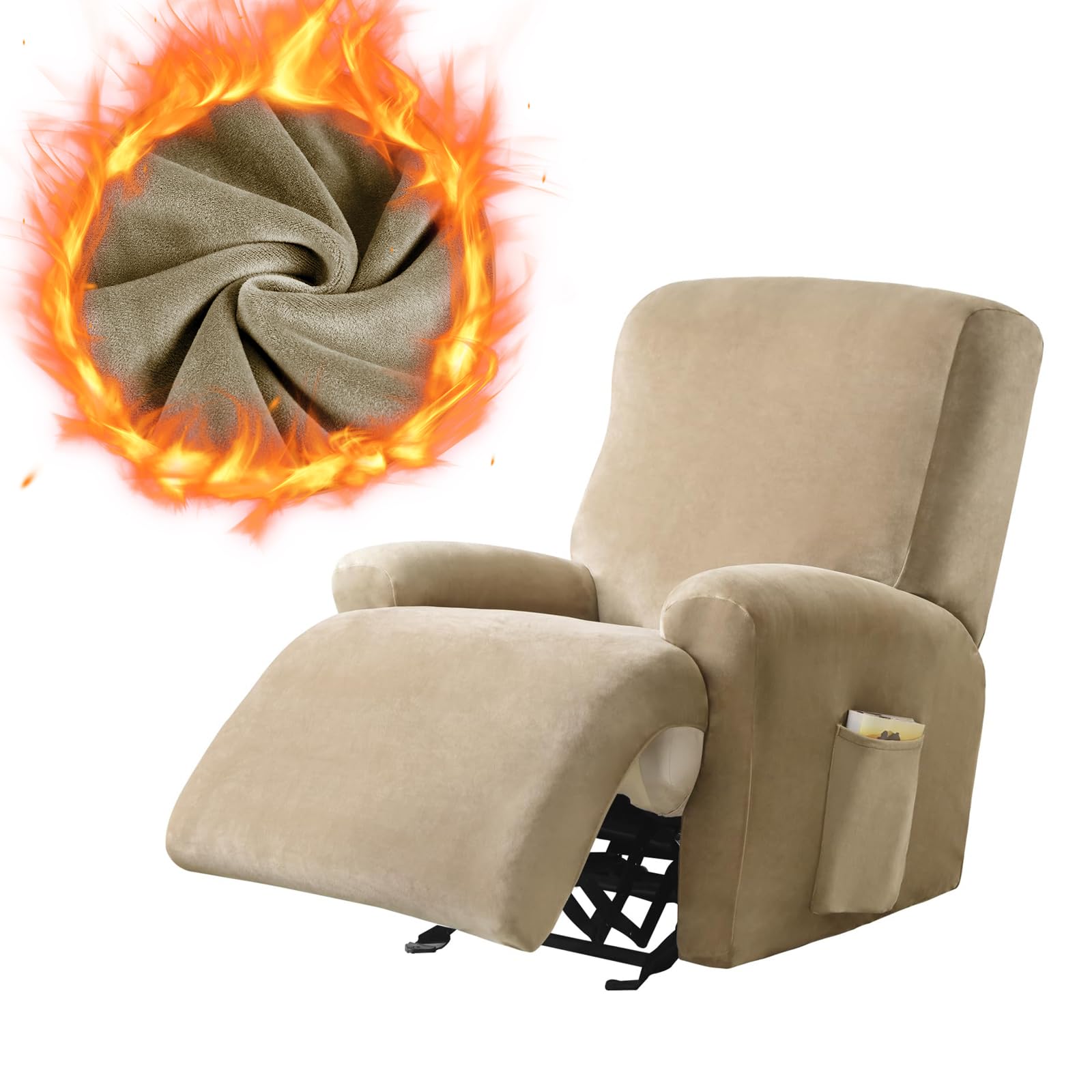 Leorate Velvet Recliner Chair Cover with Side Pocket - Stretch Recliner Slipcover for Electric Chair Soft Thick Fabric Armchair Cover for Winter Armchair Slipcovers for Living Room (Velvet - Camel)