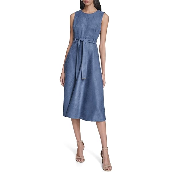 navy blue dress for baby girl Calvin Klein Floral Sleeveless Belted A-Line Midi Dress main image 0
