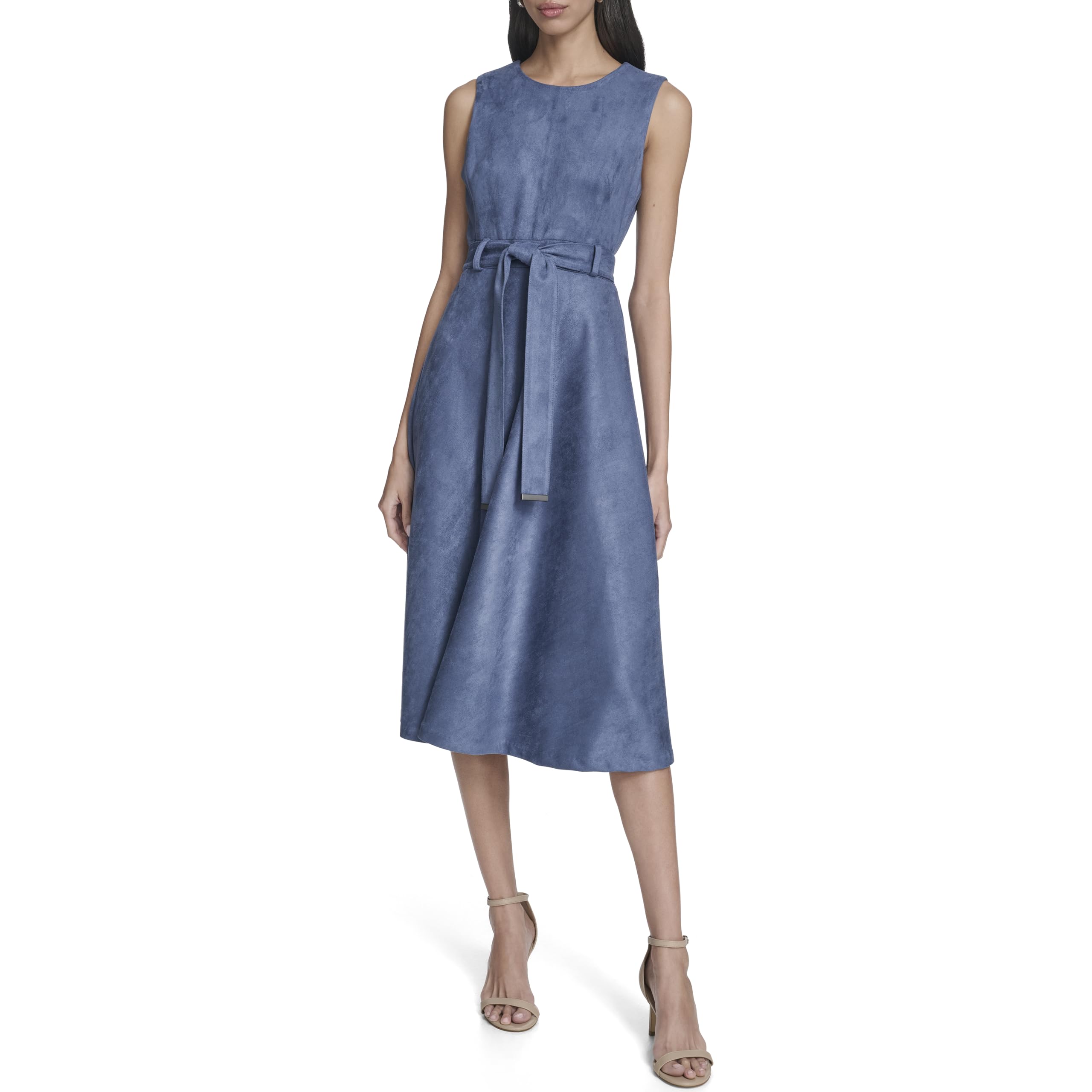 Calvin Klein Women’s Sleeveless A-line Belted Midi Dress, Vintage Indgo, 4