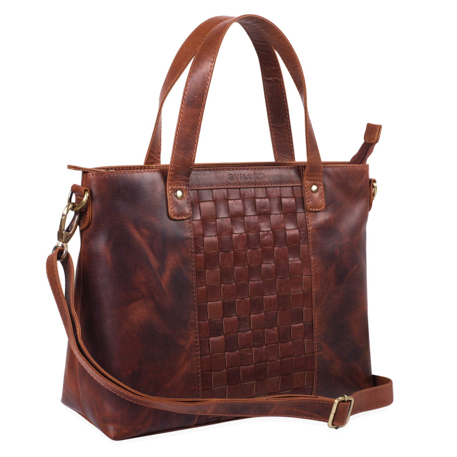 STILORD "Mara" Elegant Vintage Hand Bag Woven Leather for Women Shoulder Bag Weave Braided for 13,3'' MacBooks Buff Leather Colour:Siena - Brown
