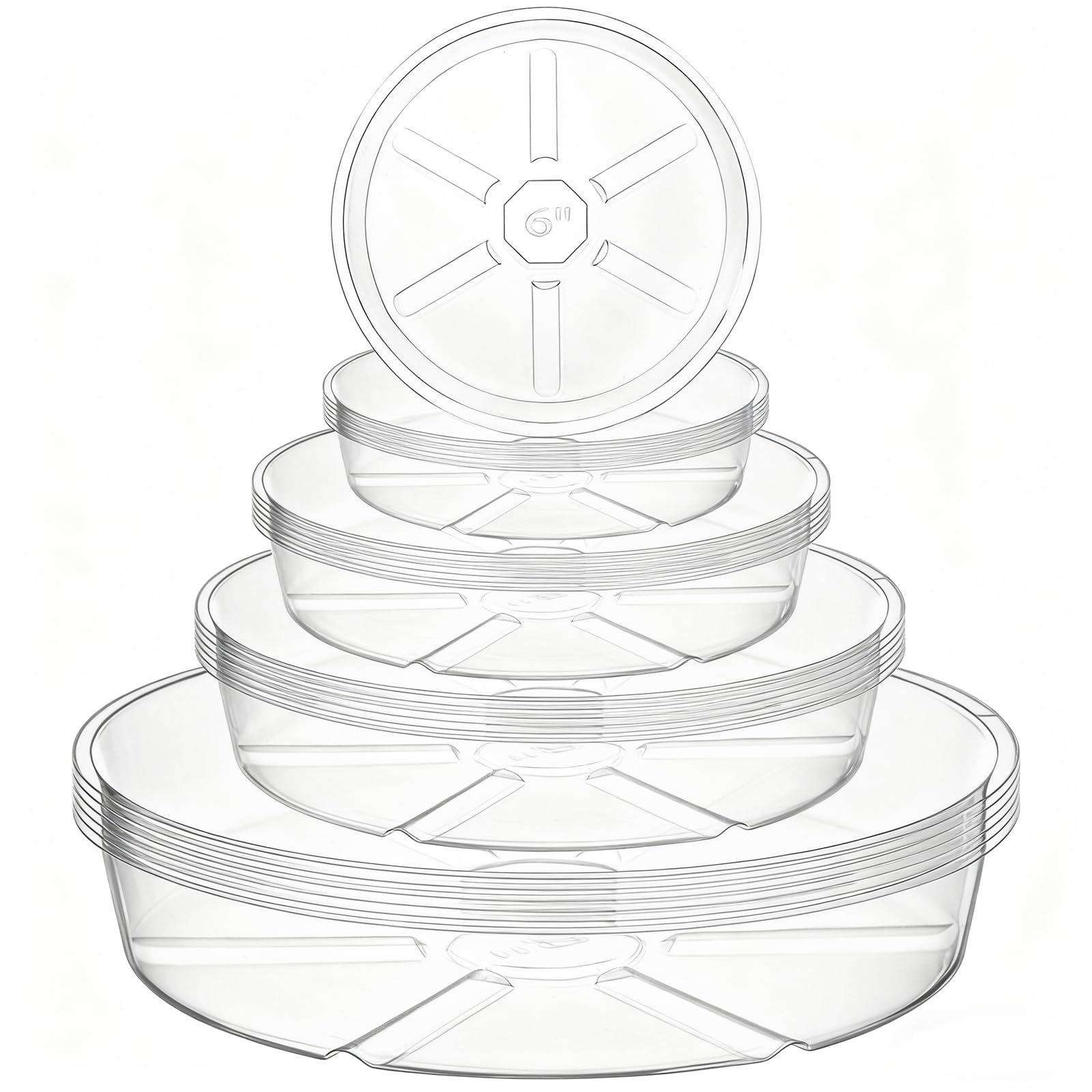 Hacaroa 24 Pack Clear Plant Saucer Drip Trays, 6/8/10/12 Inch Plastic Plant Trays Flower Pot Saucers for Indoor & Outdoor Plants, Round, 4 Sizes