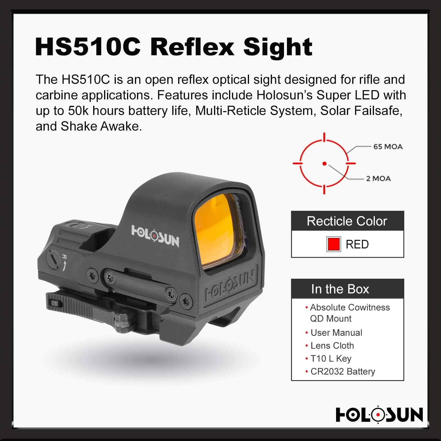 Holosun HS510C 2 MOA Dot Or A 65 MOA Ring Open Reflex Circle Dot Solar Power Holographic Red Dot Sight : Sports & Outdoors