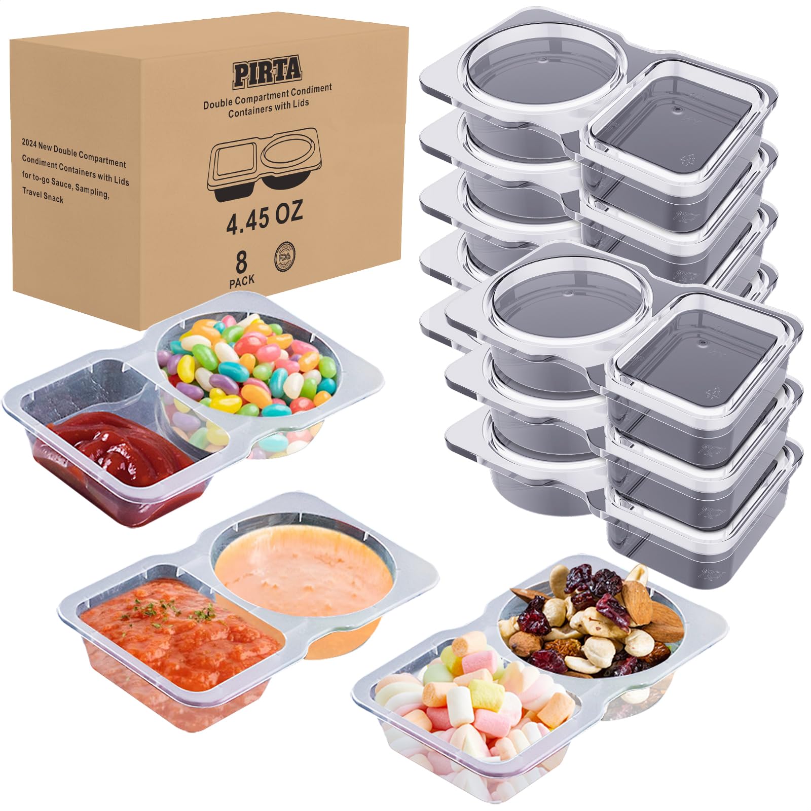Photo 1 of [8 PCS] Double Compartment Condiment Containers with Lids, 2025 New Disposable 2 Compartment Snack Containers, Portion Cups Reusable Plastic Container for to-go Sauce, Travel Snack with Box Package